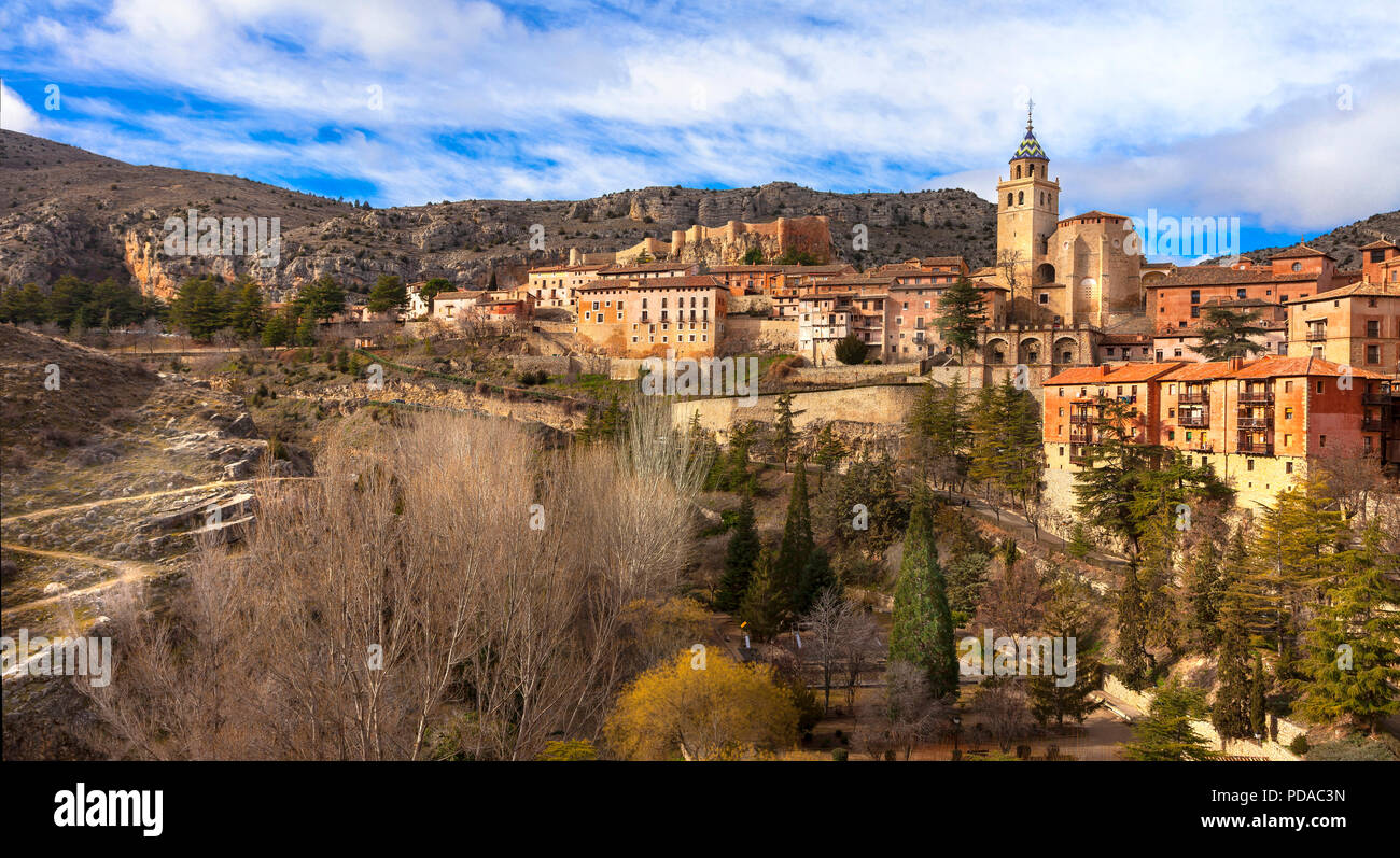 Beeindruckende Albarracin Dorf, Panoramaaussicht, Spanien. Stockfoto
