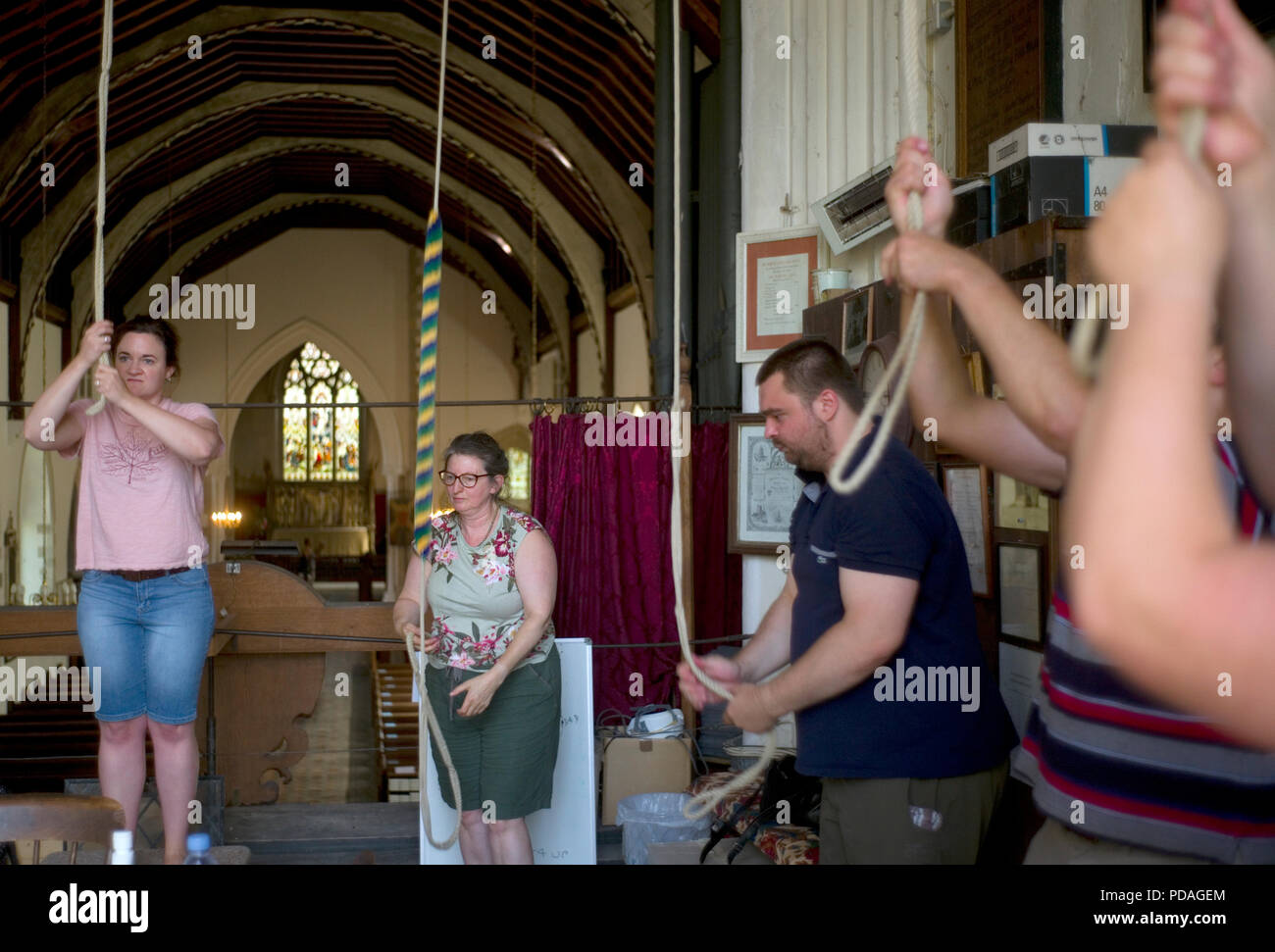 Bell ringers Ring die Glocken in St. Etheldreda's Kirche, in Hatfield, Großbritannien, 28. Juli 2018 Stockfoto