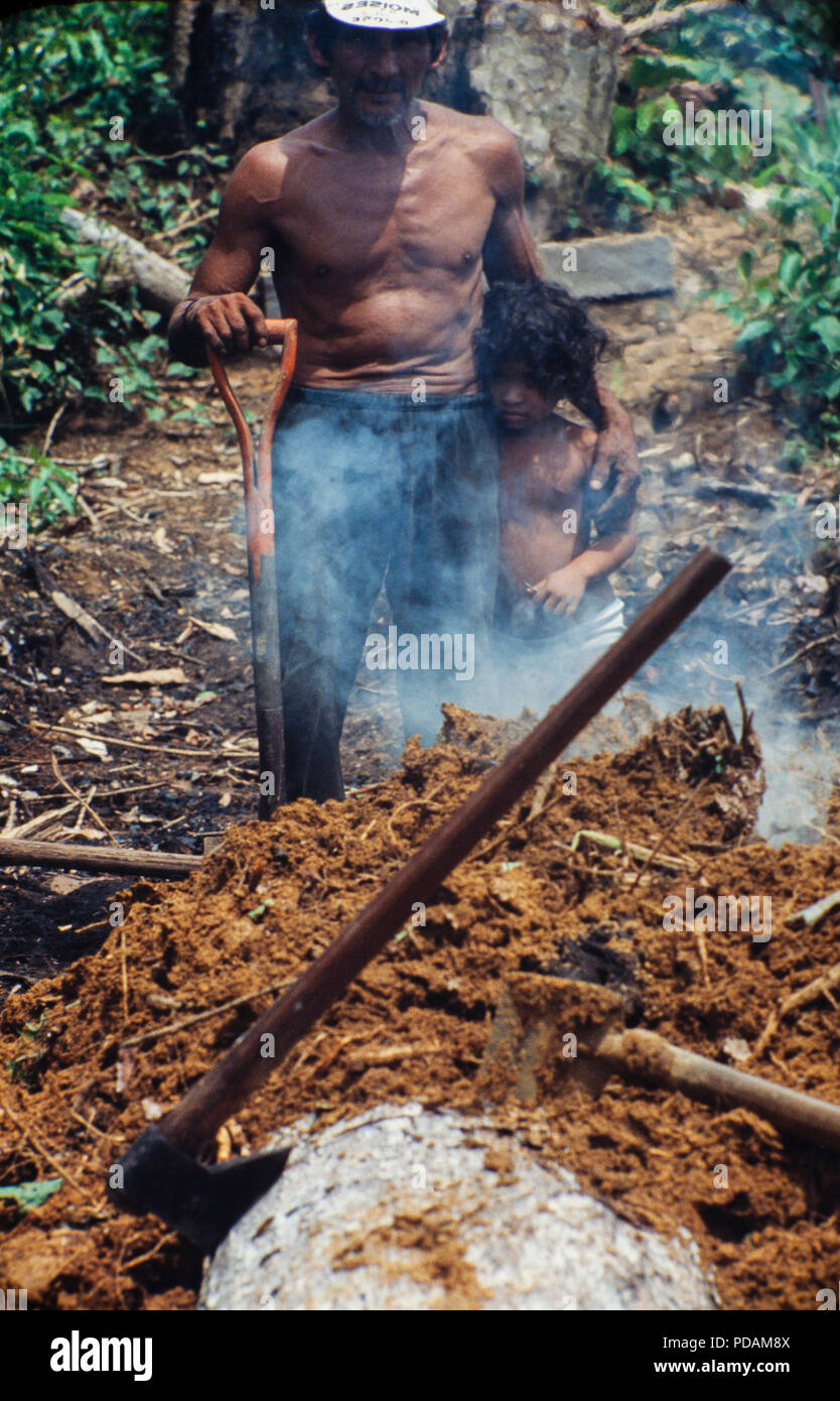 Erniedrigender Arbeit, Familie arbeiten, Sägemehl brennen mit Sägewerk Rio Branco, Morgen Zustand - Amazon Abholzung, Brasilien. Stockfoto