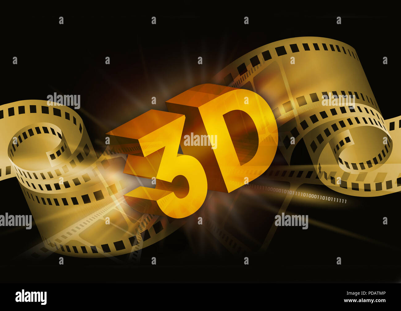 3D-Kino vintage Hintergrund. Ausdrucksstarke moderne dynamische Kino Hintergrund mit einer Kamera Film und 3D-Schild. Stockfoto