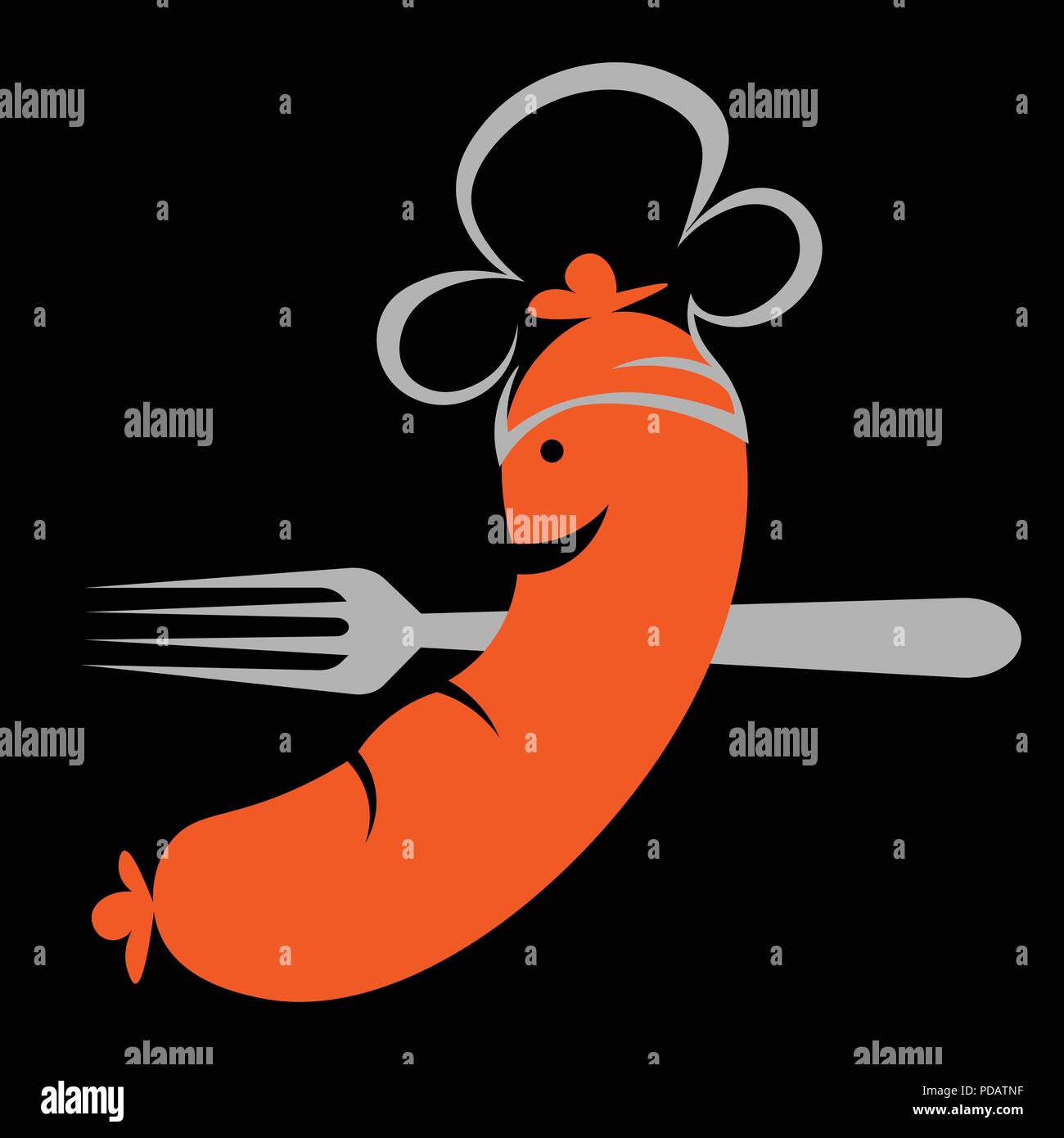 Wurst in der Kappe des kochen und mit einer Gabel cafe minimalistischen Logo Stock Vektor