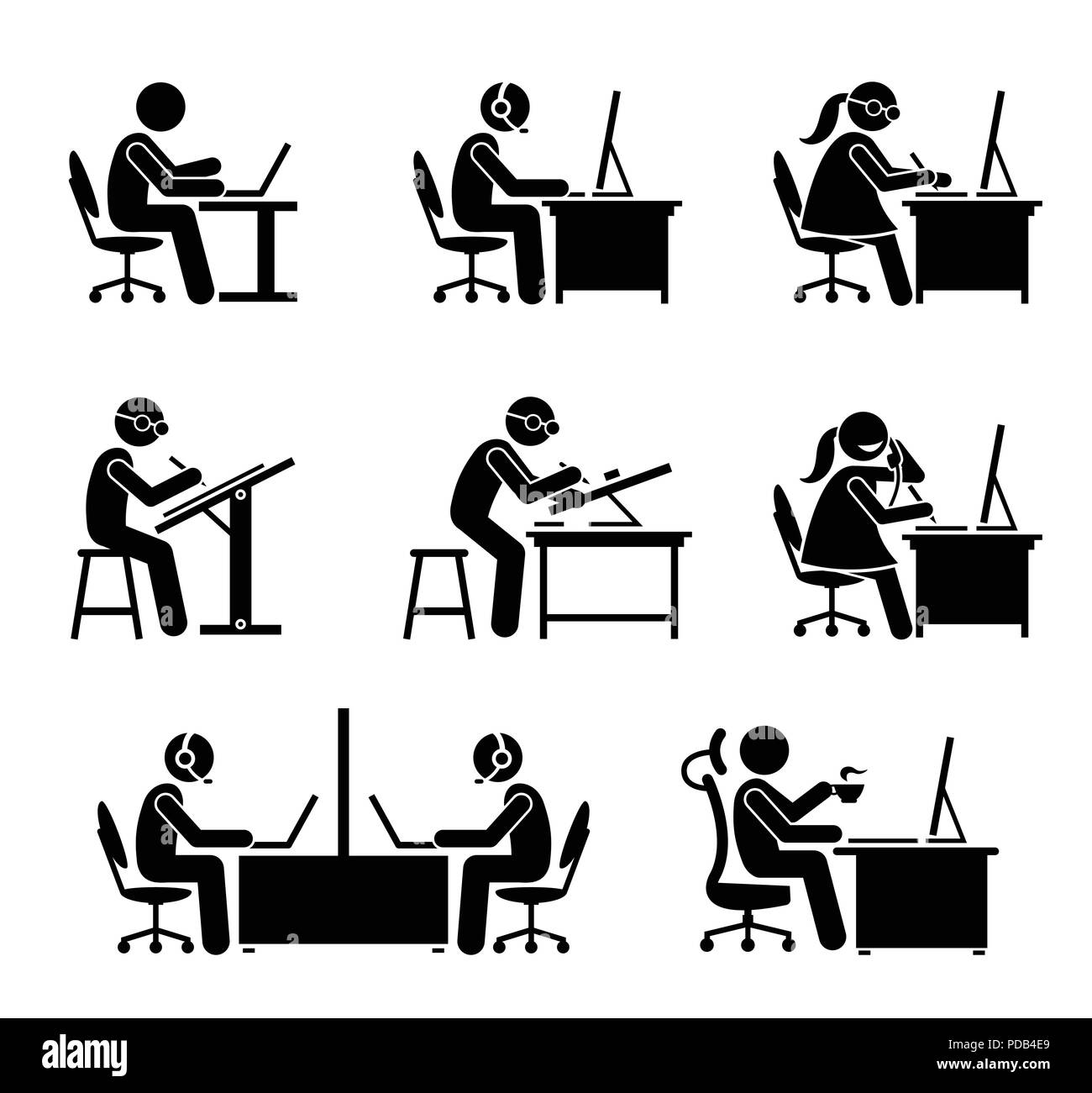 Mitarbeiter arbeiten mit Computer und Laptop im Büro. Stock Vektor