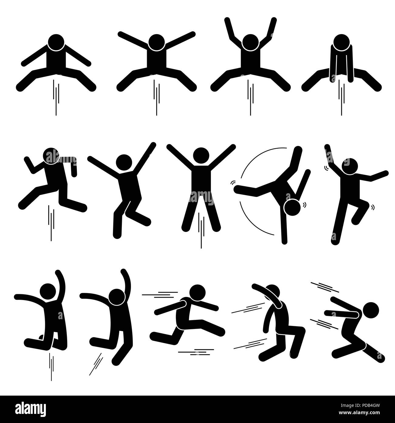 Verschiedene Jumper menschlichen Mann Menschen springen Strichmännchen Stickman Piktogramm Symbole Stock Vektor