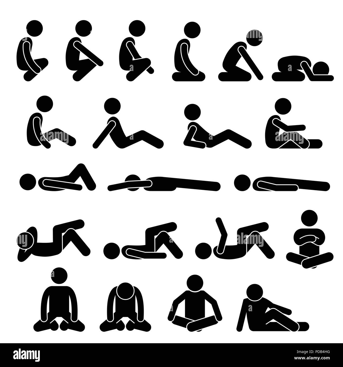 Verschiedene Hocke sitzend Liegend auf dem Boden Haltungen Positionen menschlichen Mann Menschen Strichmännchen Stickman Piktogramm Symbole Stock Vektor