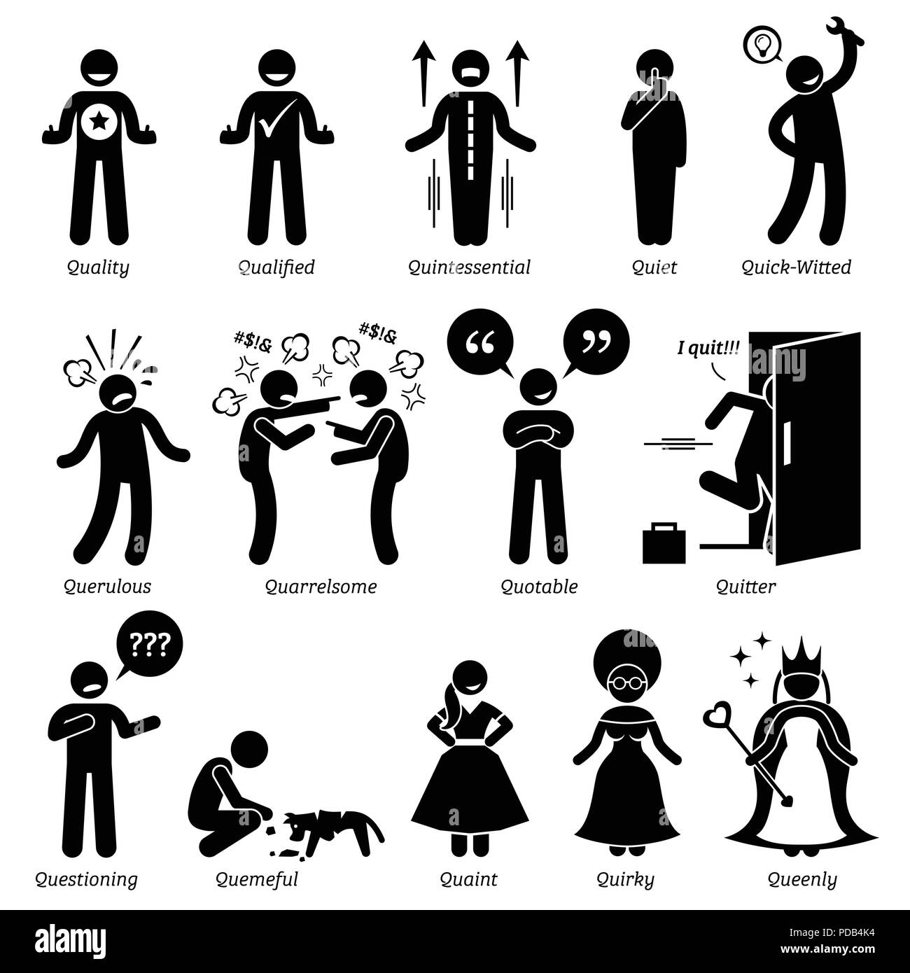 Positiv Negativ Neutral Persönlichkeiten Charaktereigenschaften. Zahlen Mann Symbole Stick. Beginnend mit den Buchstaben Q. Stock Vektor