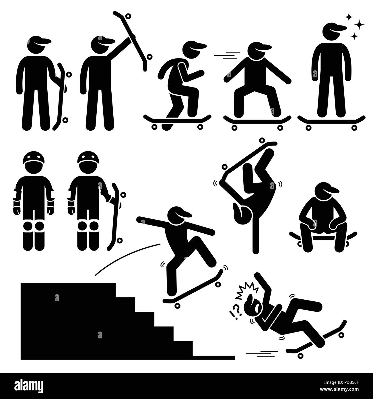 Skateboarder Skaten auf Skateboard Strichmännchen Piktogramm Symbole Stock Vektor