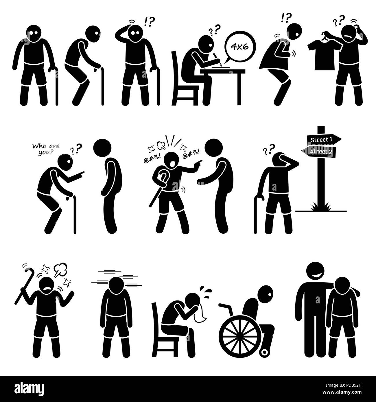 Alzheimer und Demenz ältere Menschen alte Mann Strichmännchen Piktogramm Symbole Stock Vektor