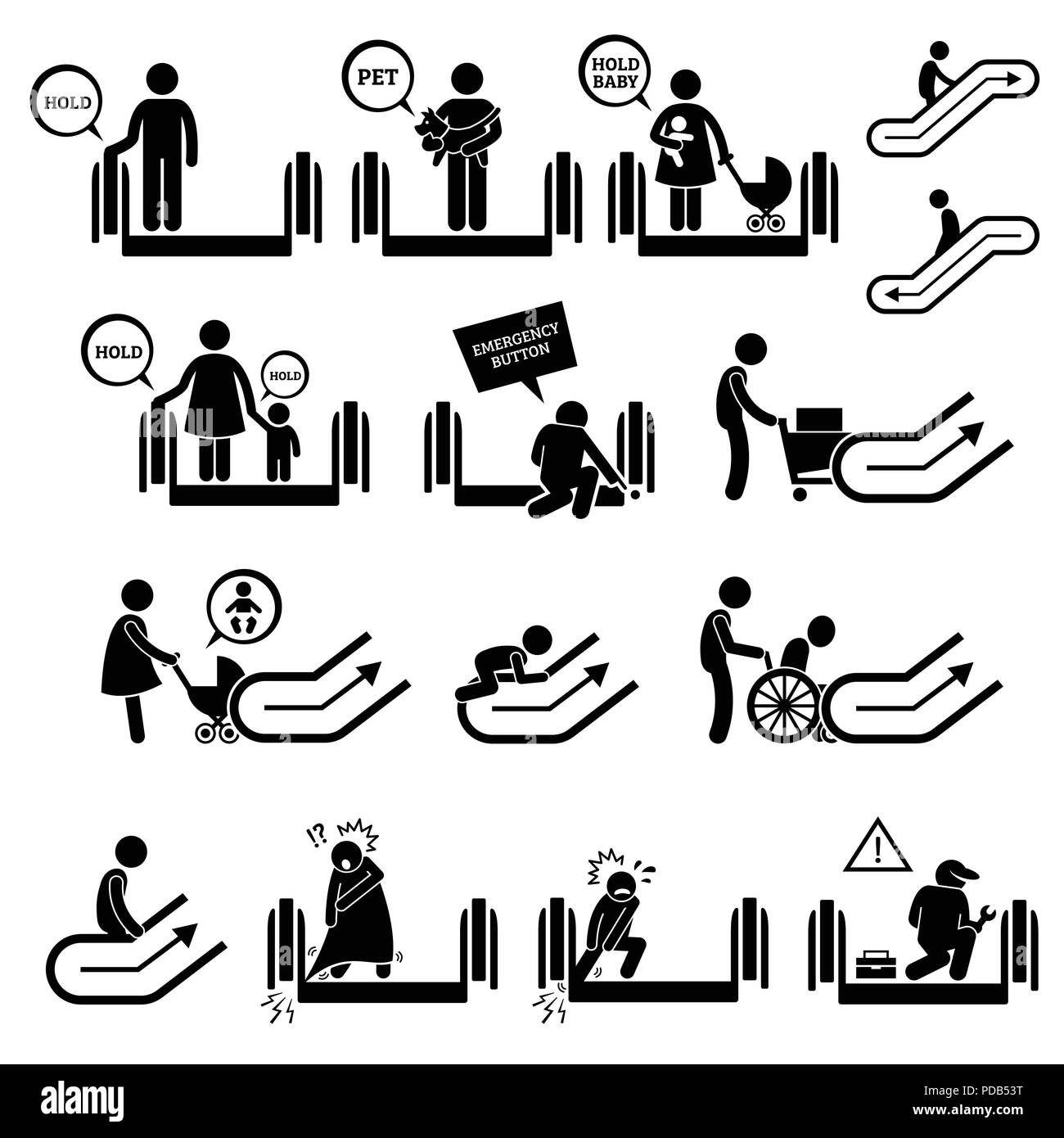 Rolltreppe Warnung Zeichen und Symbole Piktogramm Symbole Stock Vektor