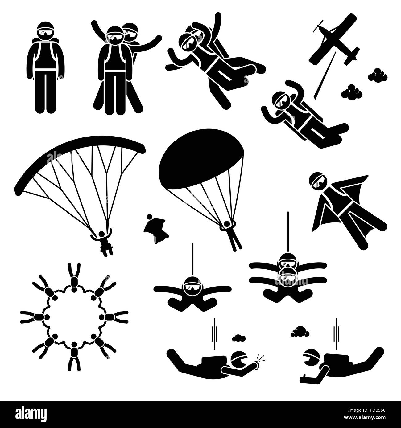 Fallschirmspringen Sprünge Skydiver Fallschirm Freifall Wingsuit Freefly Strichmännchen Piktogramm Symbole Stock Vektor