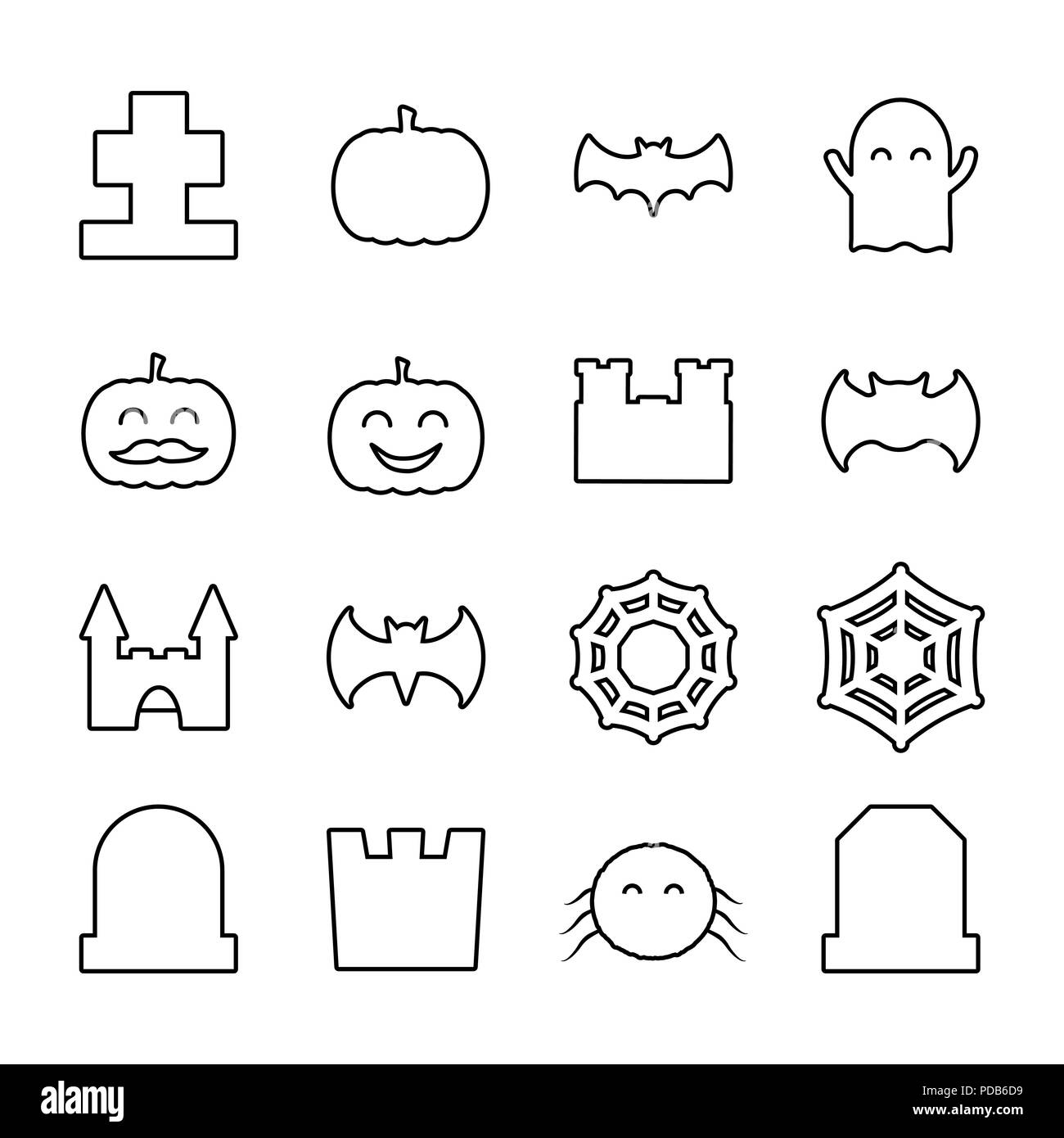 Gesäumt von Halloween verwandte Symbole gesetzt. Sammlung von thin line cute dekorative Elemente Stock Vektor