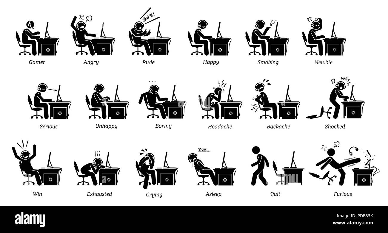 Gamer Reaktionen, Gefühle und Emotionen, während PC-Spiele. Stock Vektor