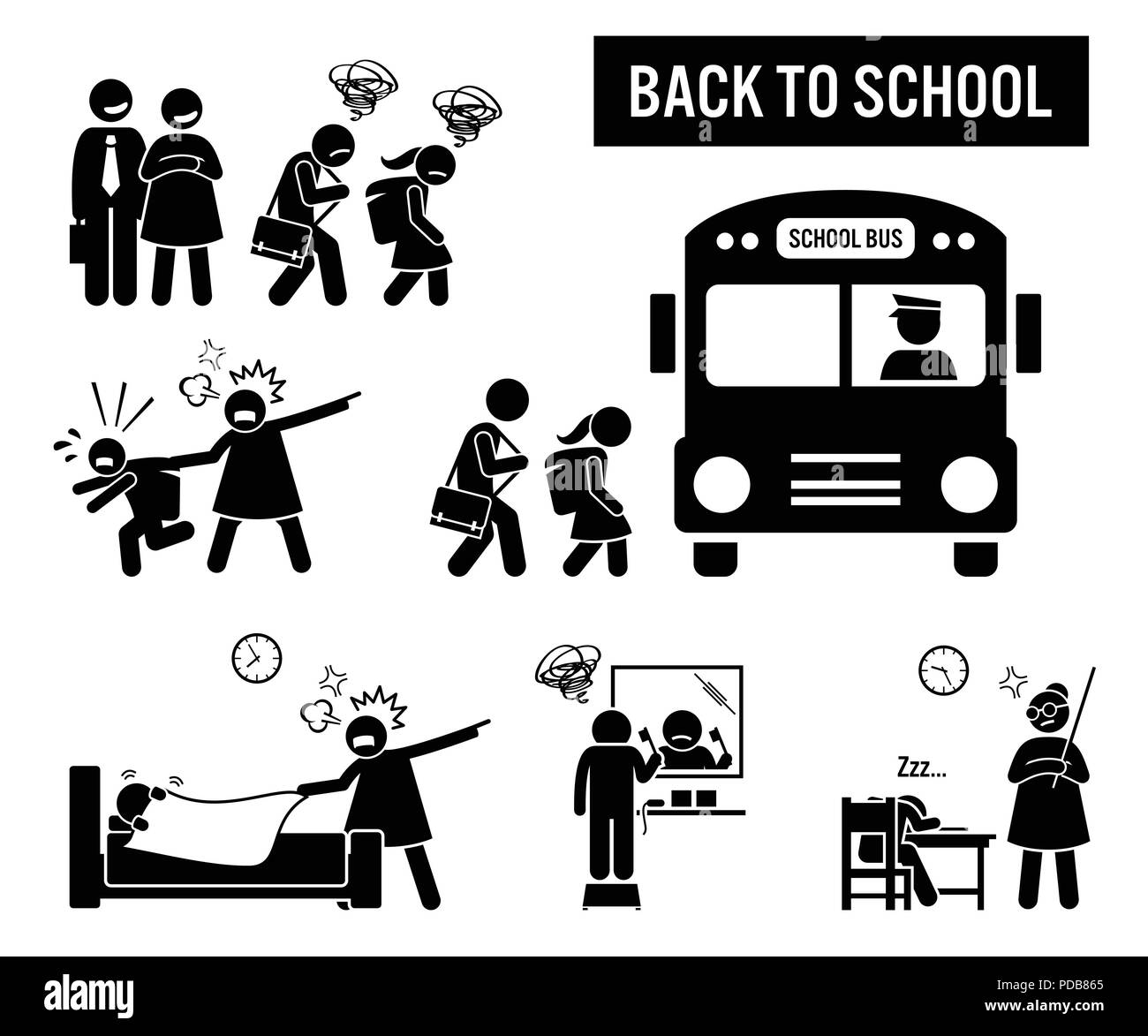 Zurück zu Schule. Strichmännchen Piktogramm zeigt Schule Kinder wieder in die Schule gehen. Die Eltern sind glücklich, aber die Kinder sind traurig. Stock Vektor