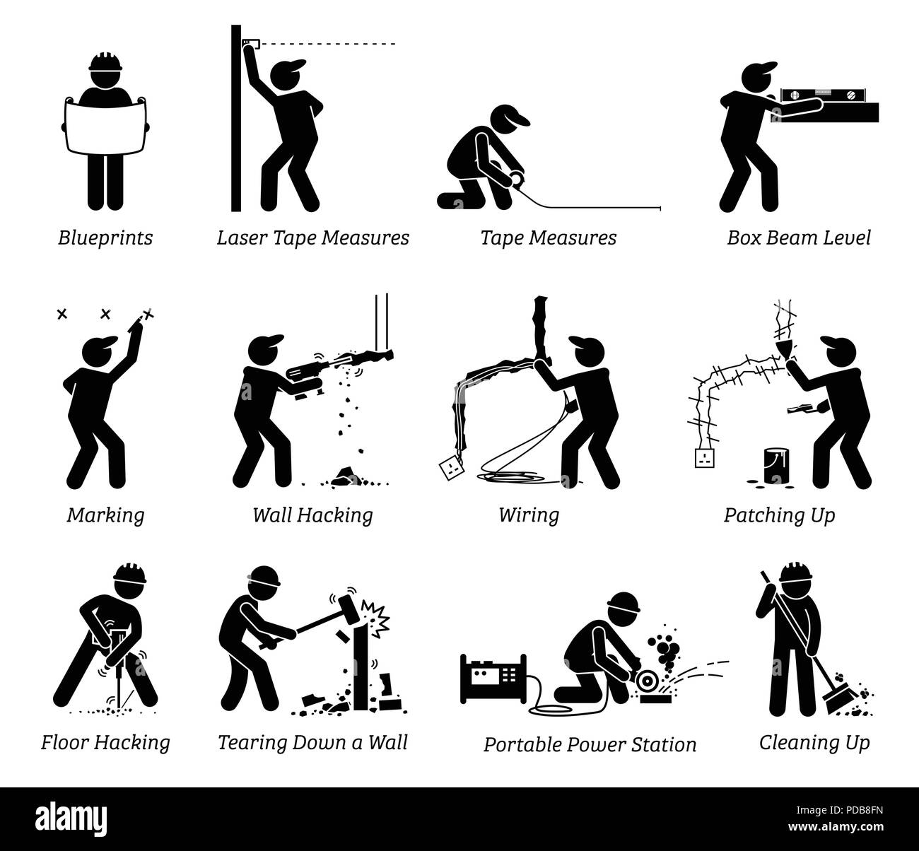 Bau, Renovierung und Verbesserung Symbole. Das Piktogramm zeigt Arbeitnehmer in verschiedenen Jobs und Arbeiten auf einer Baustelle arbeiten. Stock Vektor