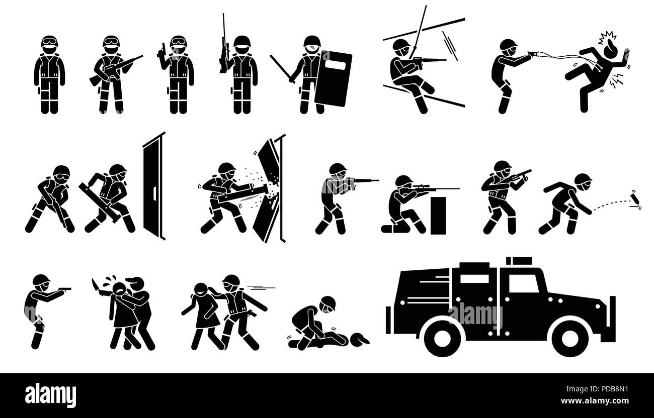 SWAT spezielle Waffen und Taktiken Symbole. Stickman Piktogramm Set zeigt SWAT Polizeiaktionen, wirft mit Kanonen und Waffen, brechen die Tür, und abstehend. Stock Vektor