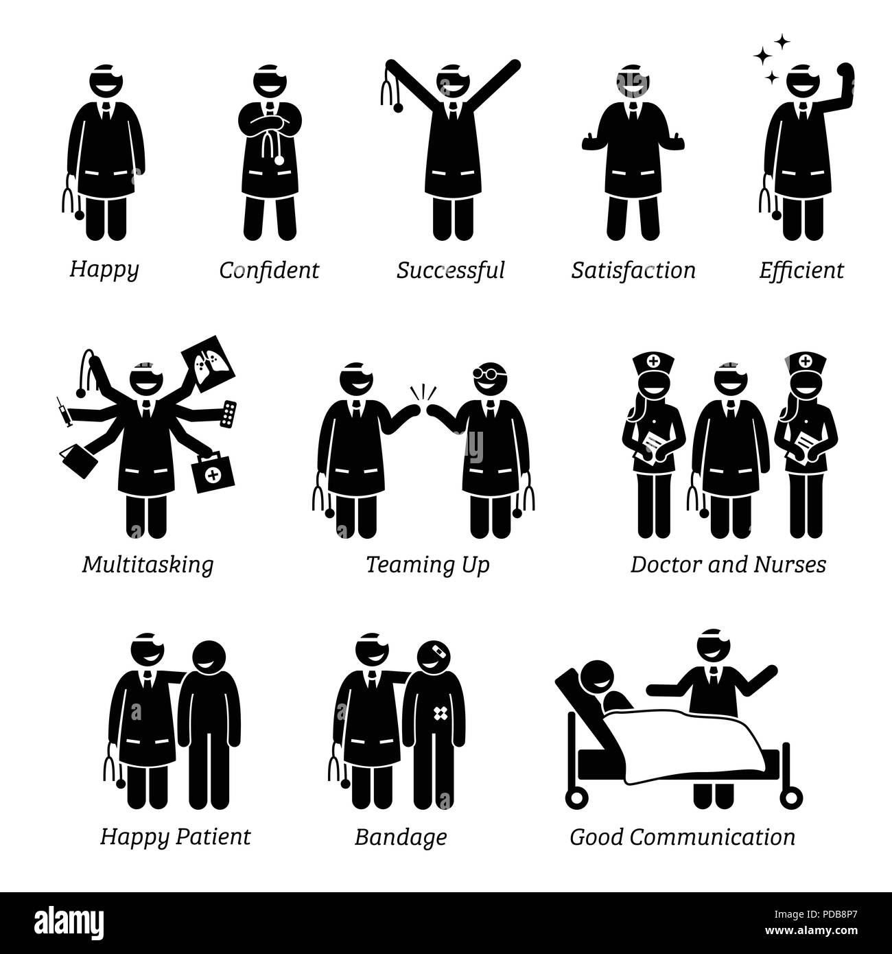 Glücklich und fröhlich Arzt. Strichmännchen Piktogramm zeigt ein Arzt, dass zuversichtlich, erfolgreich und zufrieden ist. Stock Vektor