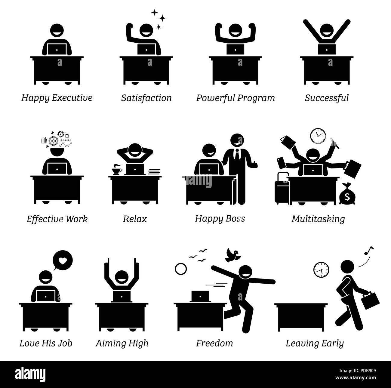Executive in einem effizienten Büro Arbeitsplatz arbeiten. Der Arbeitnehmer ist glücklich, zufrieden, erfolgreich, und genießen Sie die Werke. Stock Vektor