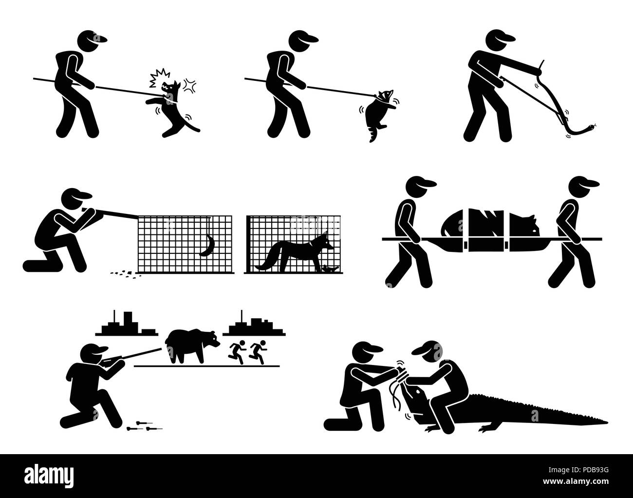 Animal Control Service und Ausstattungen Strichmännchen Piktogramm Symbole. Stock Vektor