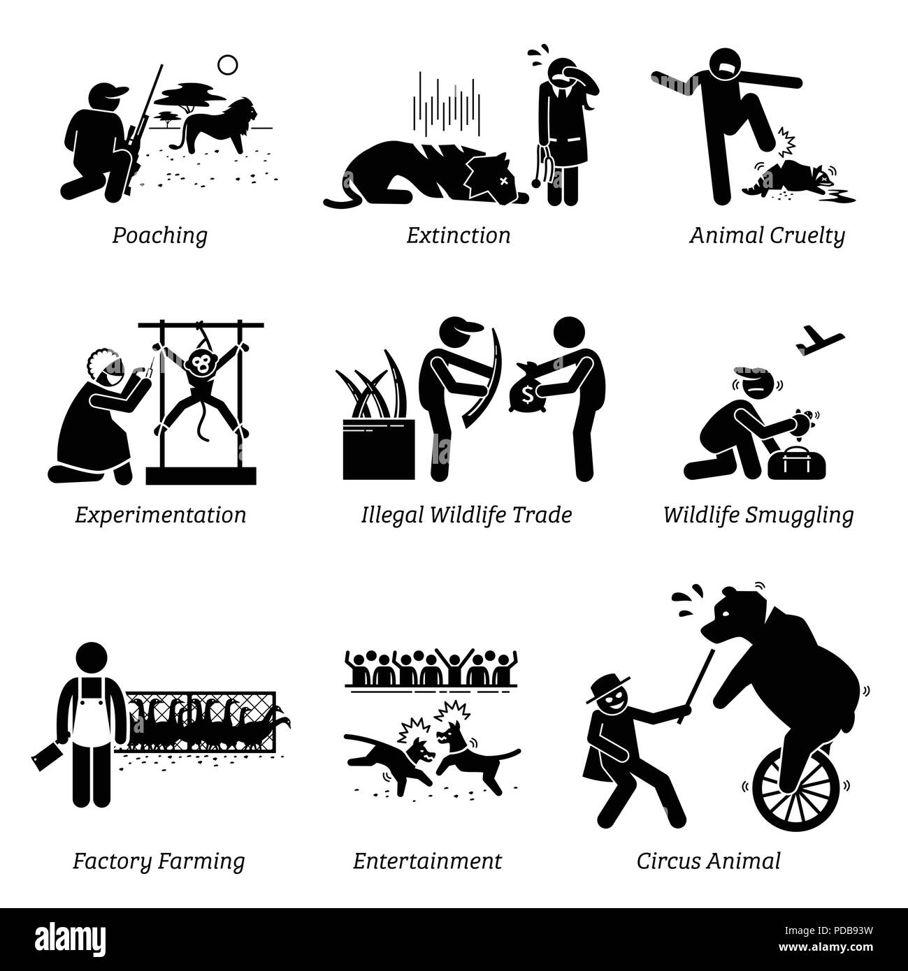 Die Rechte der Tiere und Themen Strichmännchen Piktogramm Symbole. Stock Vektor