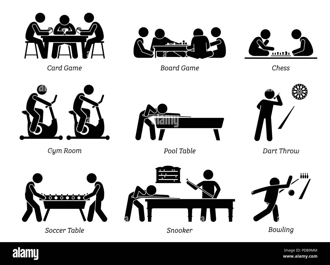 Innen- Club Spiele und Freizeitaktivitäten. Stock Vektor