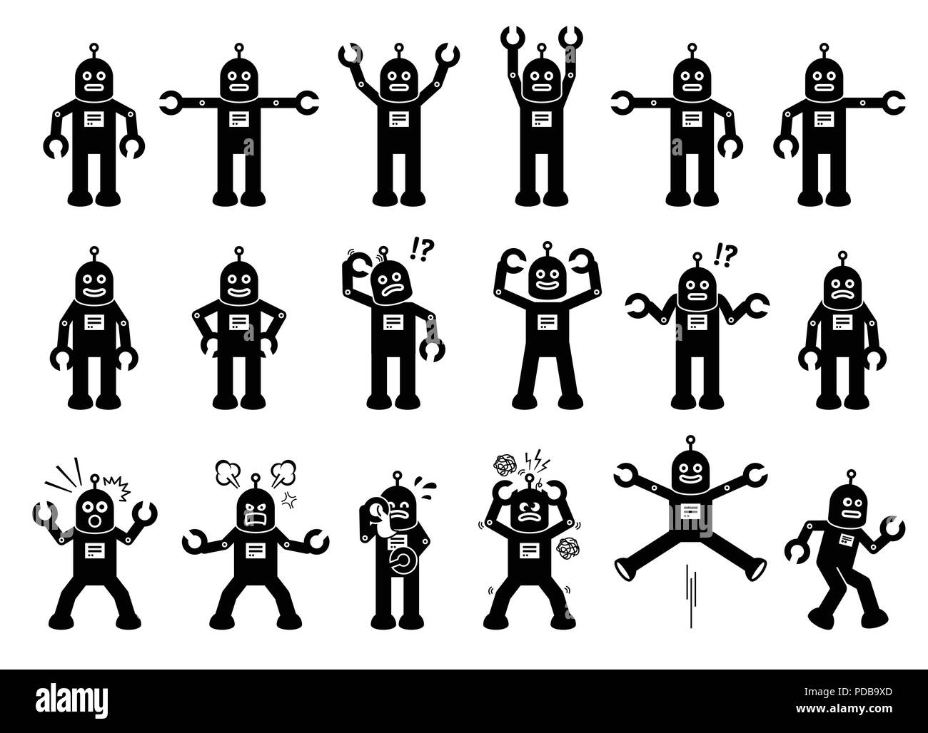 Roboter Zeichentrickfiguren in verschiedenen Posen, Handlungen und Emotionen. Stock Vektor