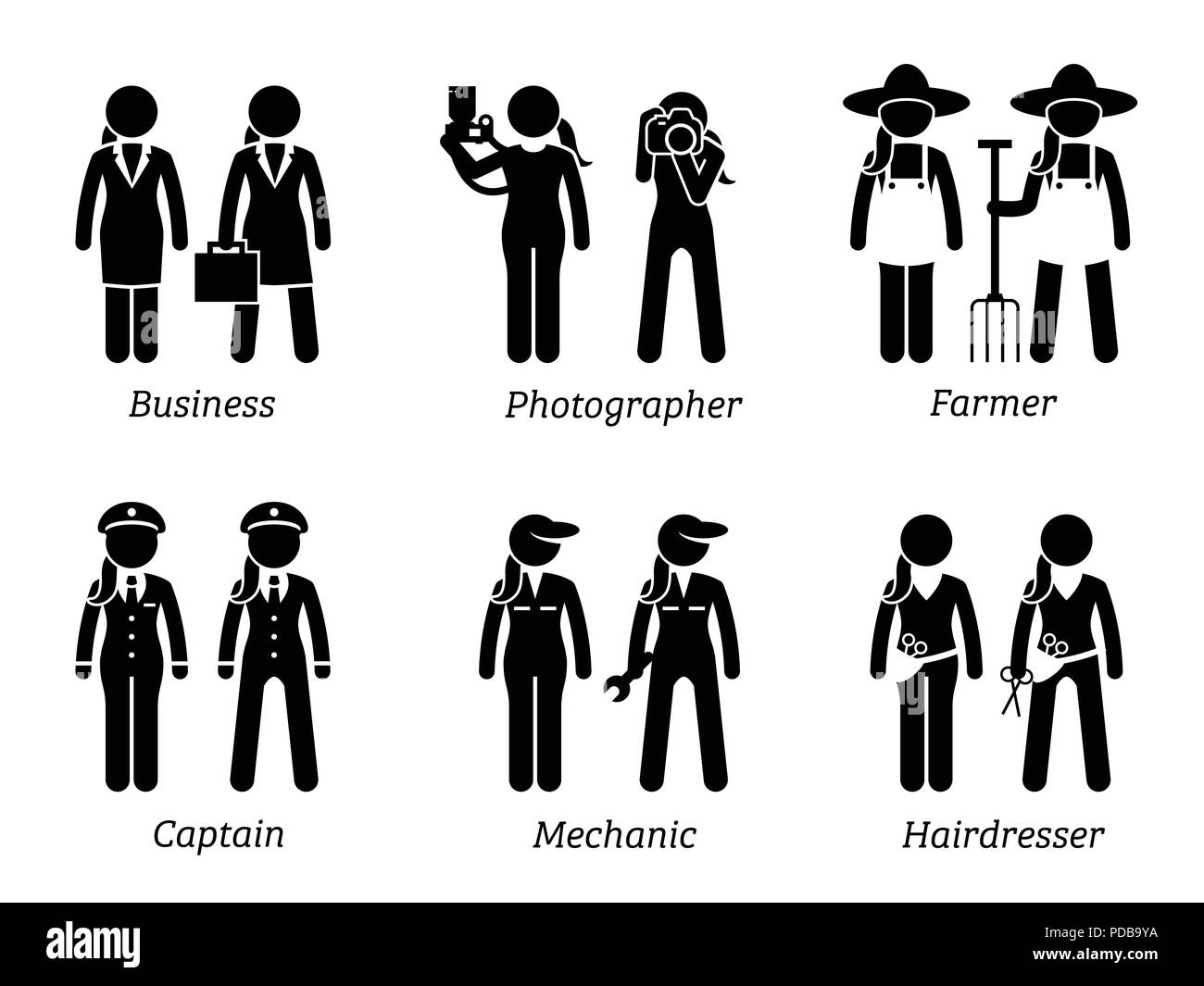 Jobs, Werke, und Berufe für Frauen. Stock Vektor