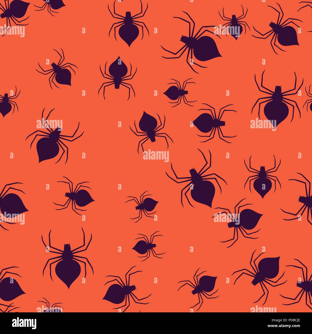 Spinne Halloween Muster Nahtlose. Vector Illustration. Purple spider orange hinterlegt. All Saints Eve. Stock Vektor