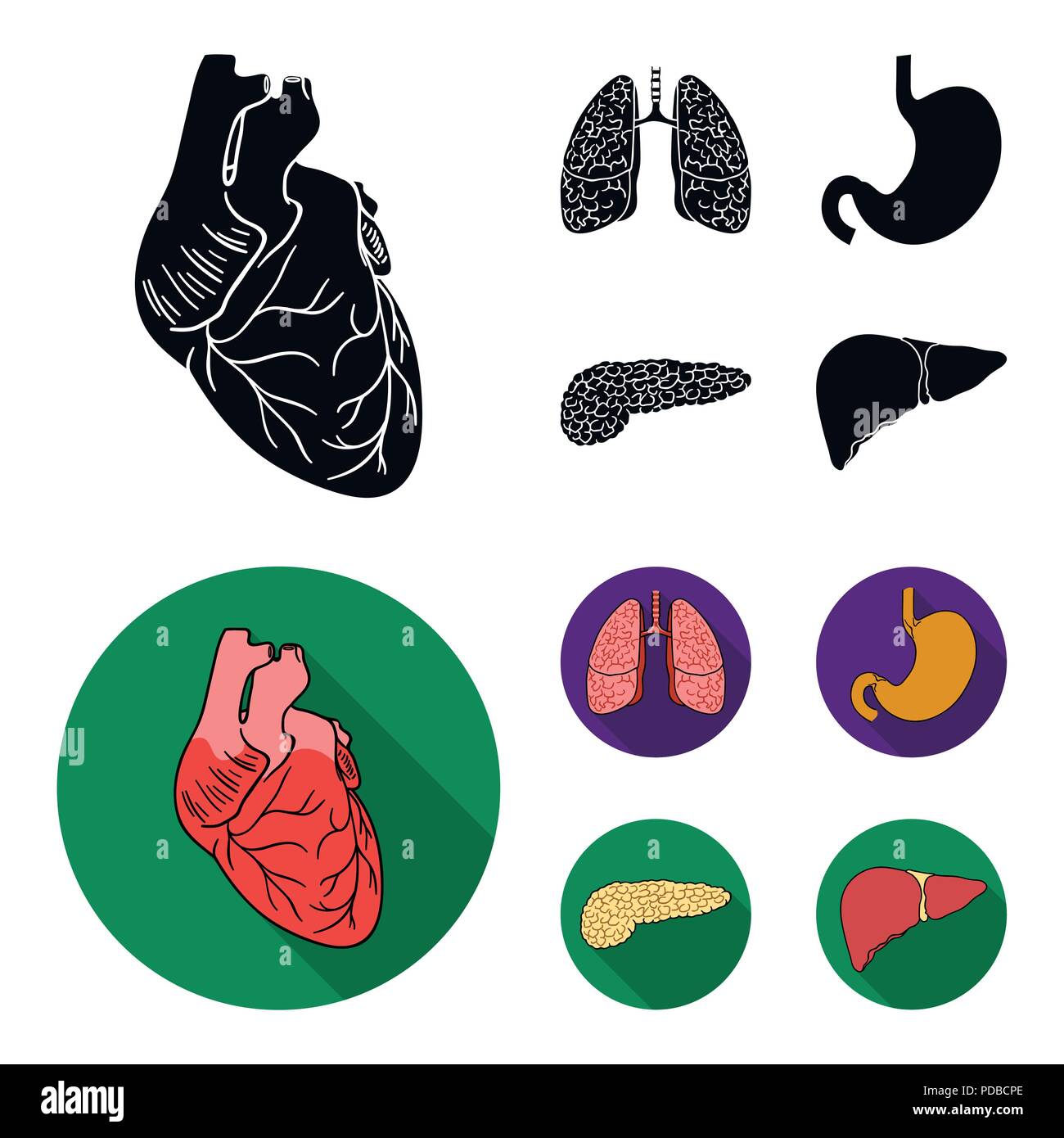 Herz, Lunge, Magen, Bauchspeicheldrüse. Menschliche Organe set Sammlung Icons in Schwarz, flat Vektor Symbol lieferbar Abbildung. Stock Vektor