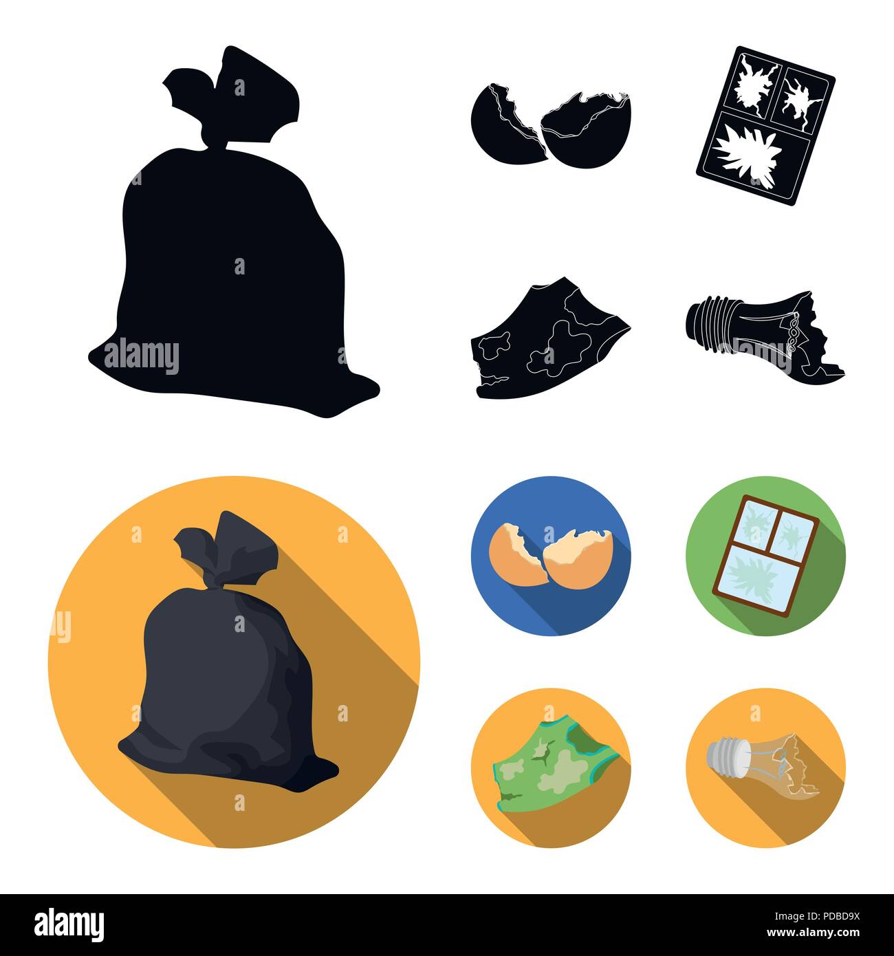 Einen Müllsack, eine zerbrochene Eierschale, einer zerrissenen schmutziges T-Shirt, ein kaputtes Fenster Rahmen mit Glas. Müll und Abfall set Sammlung Icons in Schwarz, flacher Stil Stock Vektor