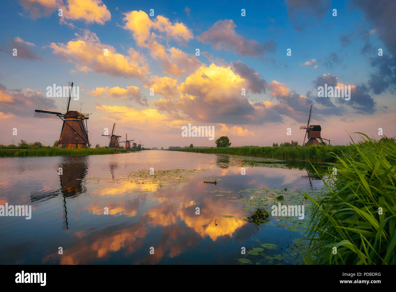 Sonnenuntergang über alte holländische Windmühlen in Kinderdijk, Niederlande Stockfoto