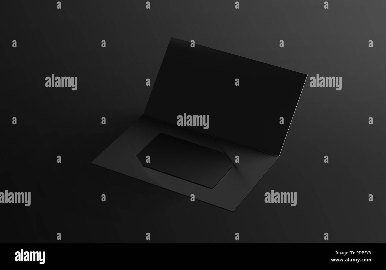Leeren schwarzen Plastikkarte mockup innen Papier Broschüre Halter, 3D-Rendering. Klar Treueprogramm gefaltete Broschüre mit Zertifikat mock up. Kunden treu Broschüre Umschlag Vorlage. Stockfoto