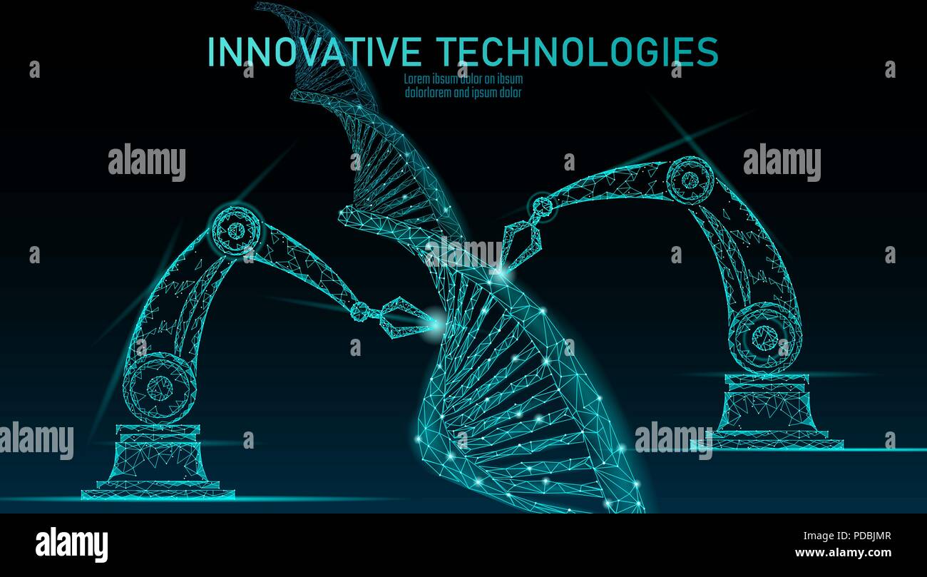 Low Poly chemische DNA-Synthese Wissenschaft Konzept. Polygon lab Chemie Gentechnik Reaktor. Moderne Innovation evolution Organismus Technologie Produkt Labor Roboter ai Vektor illustration Stock Vektor