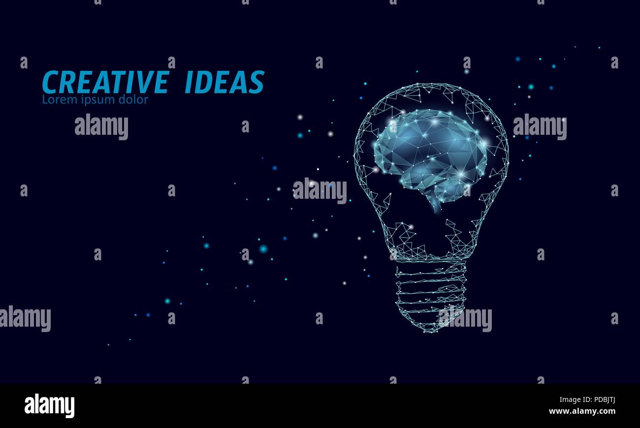 Kreative Idee Glühbirne Night Star Sky. Low Poly polygonalen business Brainstorming startup dark blue Space modernen geometrischen 3D-Lampe. Erfindung Gehirn Form Inspiration banner Vector Illustration Stock Vektor