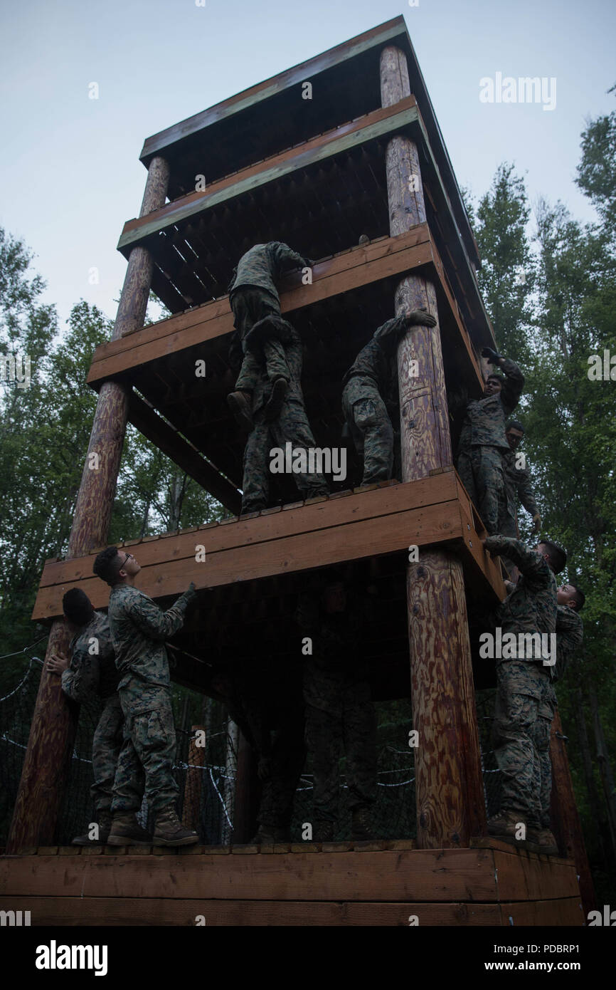 Marines mit Charlie Company, 1.Bataillon, 23 Marine Regiment, konkurrieren in der 4. Marine Division jährliche Rifle Squad Wettbewerb, packen Sie eine zweistündige timed Hindernis Kurs am Joint Base Elmendorf-Richardson, Anchorage, Alaska, 3. August 2018. Super Squad Wettbewerbe wurden entwickelt, um eine 14-Mann Infanterie Squad in ein weites Feld und Live-fire Evolution zu bewerten. (U.S. Marine Corps Foto von Lance Cpl. Samantha Schwoch/freigegeben) Stockfoto