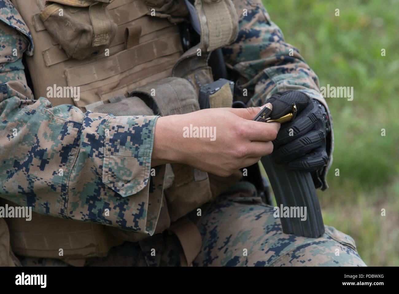 Ein Marine mit Charlie Company, 1.Bataillon, 23 Marine Regiment, in der 4. Marine Division jährliche Rifle Squad Wettbewerb konkurrieren, lädt eine Zeitschrift der Munition an Joint Base Elmendorf-Richardson, Anchorage, Alaska, Aug 6, 2018. Super Squad Wettbewerbe wurden entwickelt, um eine 14-Mann Infanterie Squad in ein weites Feld und Live-fire Evolution zu bewerten. (U.S. Marine Corps Foto von Lance Cpl. Samantha Schwoch/freigegeben) Stockfoto