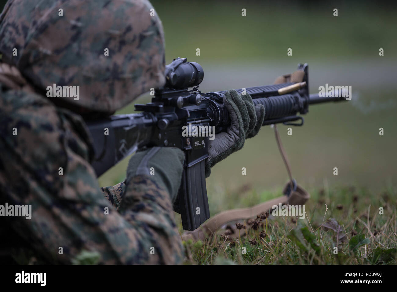 Ein Marine mit Charlie Company, 1.Bataillon, 23 Marine Regiment, in der 4. Marine Division jährliche Rifle Squad Wettbewerb konkurrieren, führt ein Brand während der Bekämpfung der Treffsicherheit Härtetest bei Joint Base Elmendorf-Richardson, Anchorage, Alaska, Aug 6, 2018. Super Squad Wettbewerbe wurden entwickelt, um eine 14-Mann Infanterie Squad in ein weites Feld und Live-fire Evolution zu bewerten. (U.S. Marine Corps Foto von Lance Cpl. Samantha Schwoch/freigegeben) Stockfoto