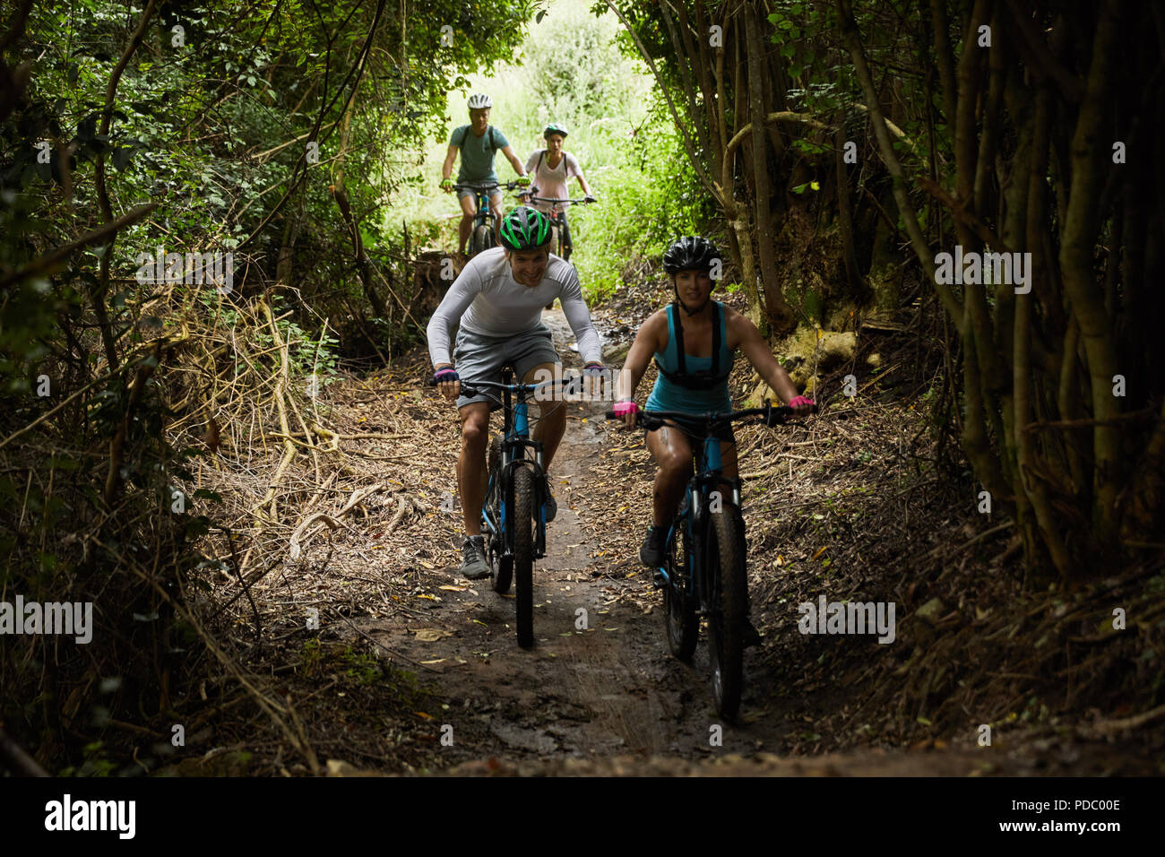 Freunde-Mountainbiken auf Spuren im Wald Stockfoto