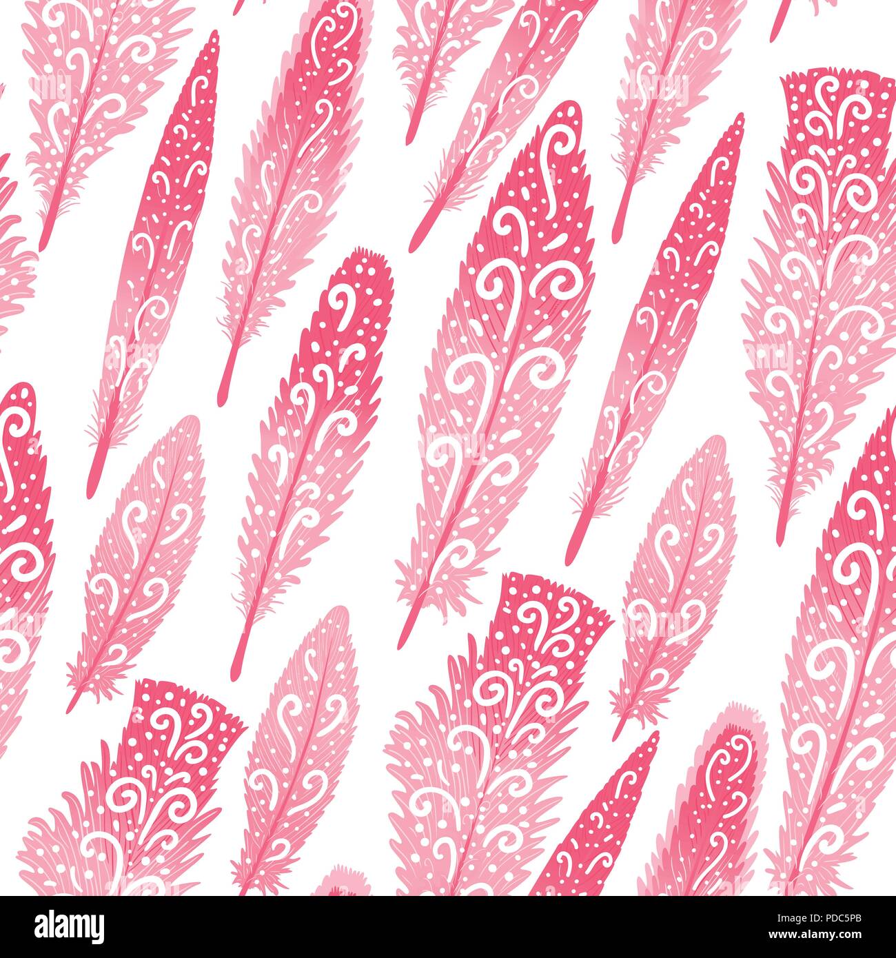 Flamingo Feder pink hand Strudel gezogen. Nahtlose Muster. Vector Illustration auf weißen isoliert. Stock Vektor