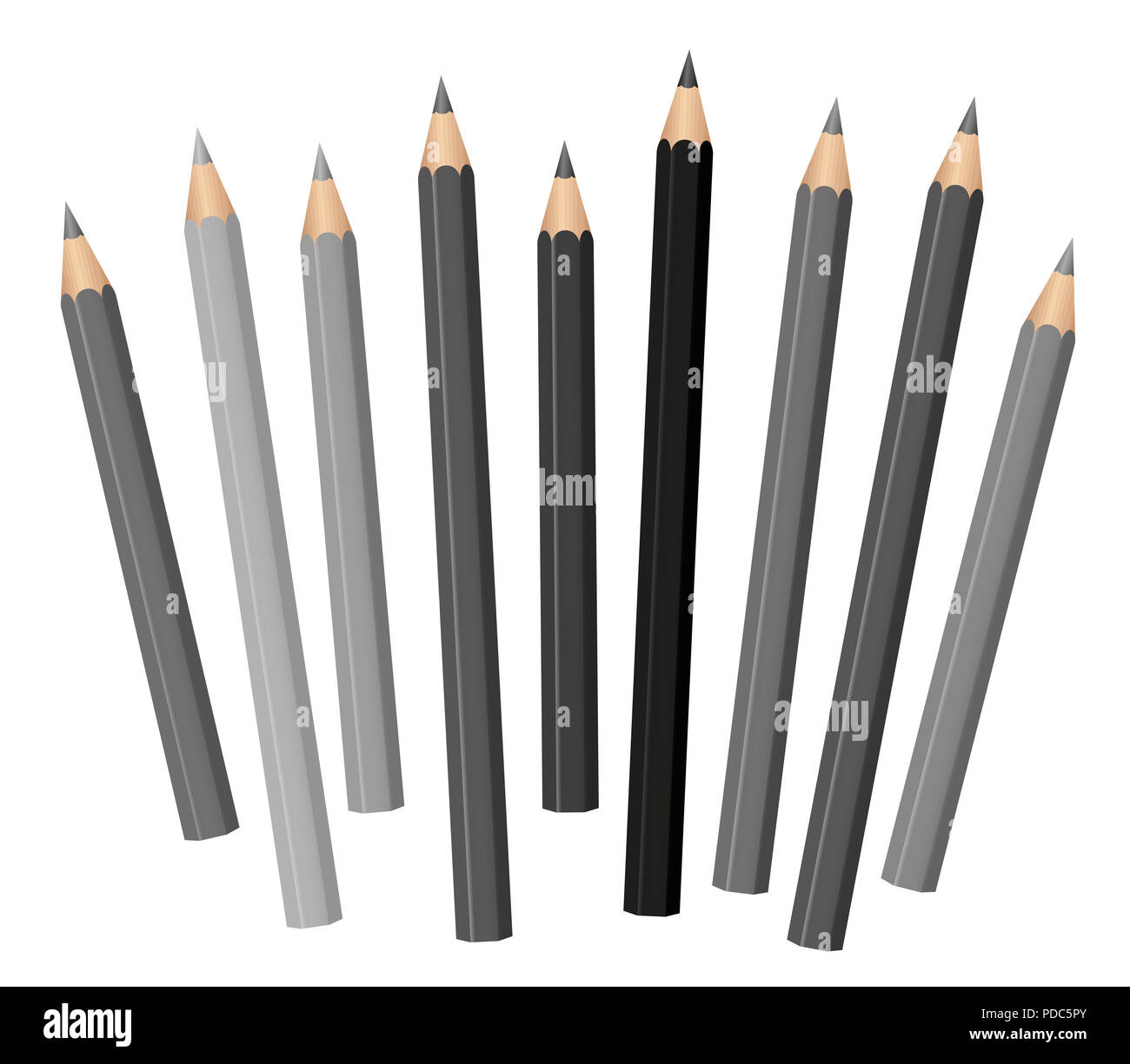 Grau Bleistifte - verschiedene Farben und Längen - lose angeordnete-grauen Tönen von Hellgrau bis tief schwarz. Stockfoto