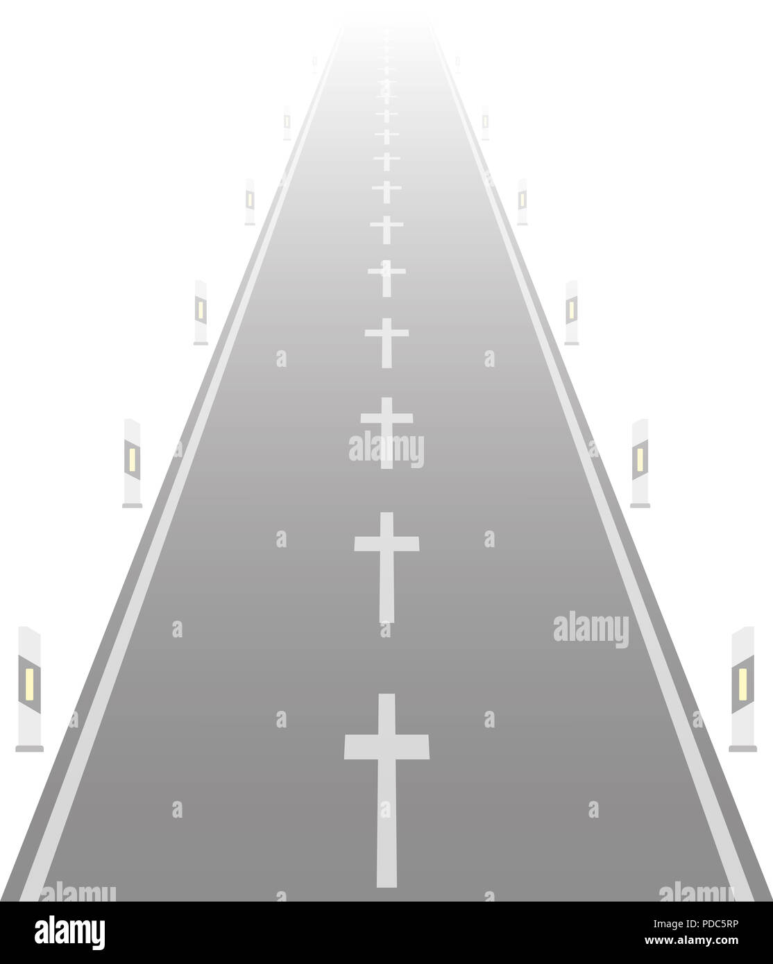 Straße mit Kreuzen anstelle von einer gestrichelten Linie. Symbolisch für tödliche Unfälle auf der Straße. Stockfoto