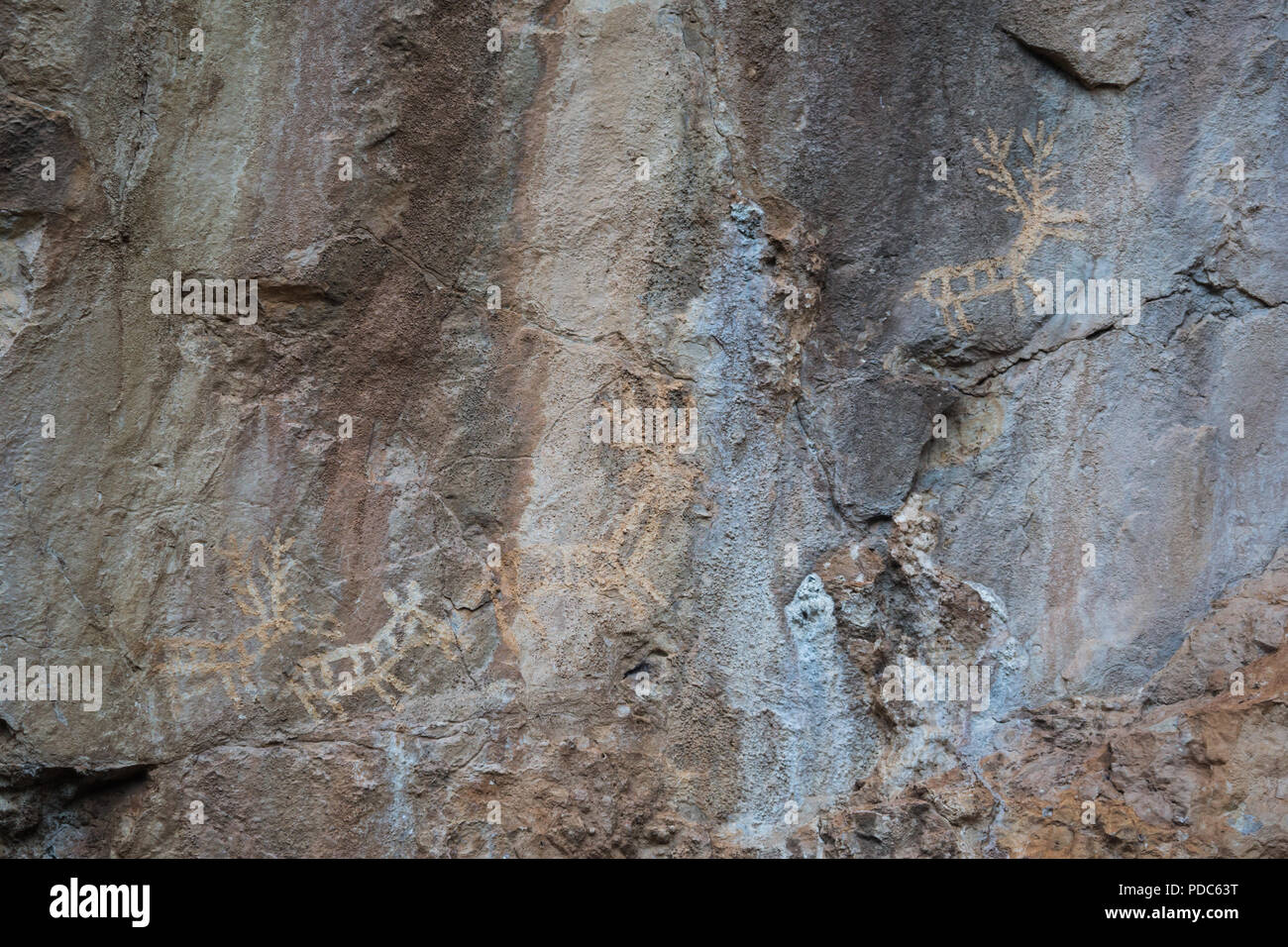 Alte prähistorische archäologische rock Zeichnungen auf der Klippe mit Jagdszenen zeigen Herde Rehe und Hirsche im Lipci, Montenegro. Stockfoto
