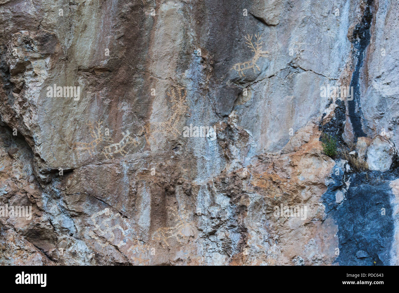 Alte prähistorische archäologische rock Zeichnungen von Jagdszenen angezeigt Rehe Hirsche, Reiter und symbolische Kult Hakenkreuze an Lipci, Montenegro. Stockfoto