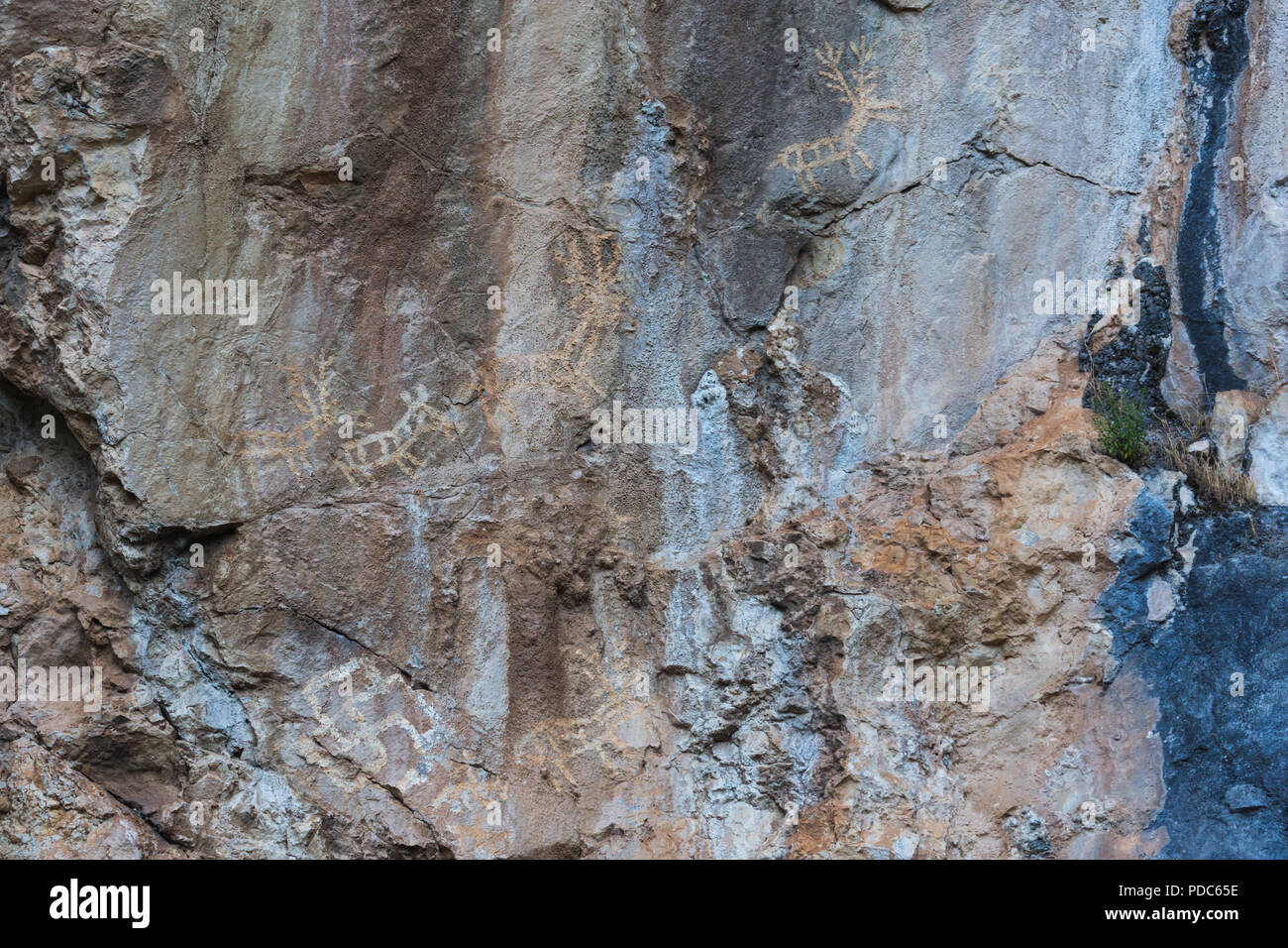 Alte prähistorische archäologische rock Zeichnungen von Jagdszenen angezeigt Rehe Hirsche, Reiter und symbolische Kult Hakenkreuze an Lipci, Montenegro. Stockfoto