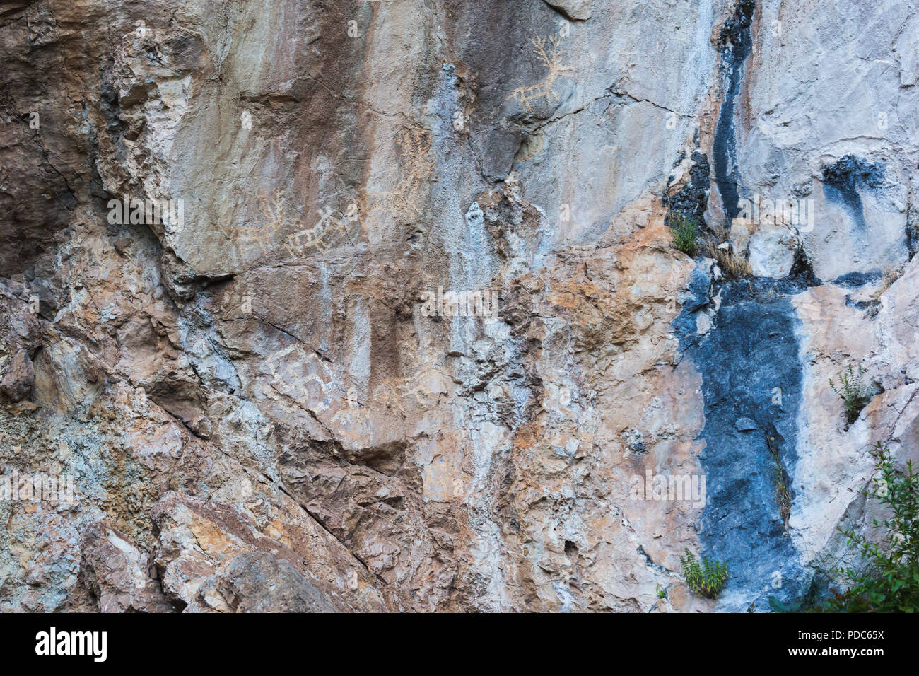 Alte prähistorische archäologische rock Zeichnungen von Jagdszenen angezeigt Rehe Hirsche, Reiter und symbolische Kult Hakenkreuze an Lipci, Montenegro. Stockfoto
