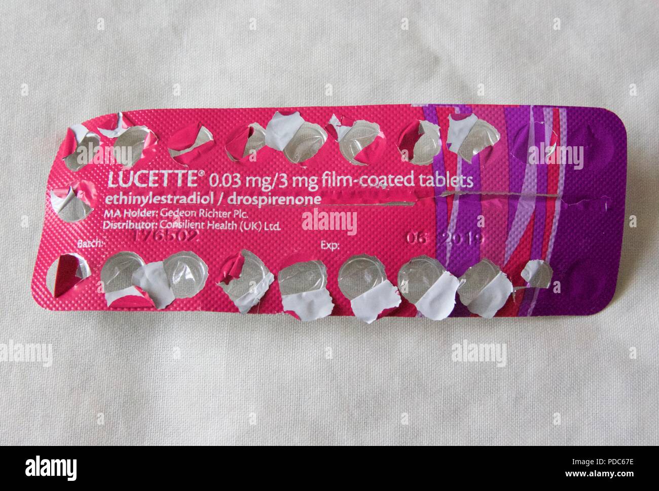 Lucette ist eine Antibabypille, die oft als die Antibabypille oder die Pille, die verwendet wird, um eine Schwangerschaft zu verhindern Stockfoto