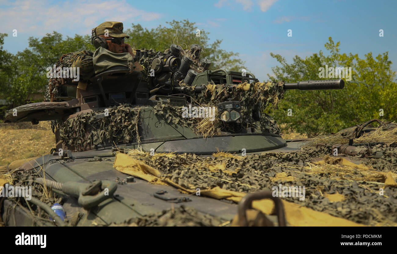 Deutsche Armee Sgt. Alexander Naumann, ein Tank Commander mit den 391. mechanisierten Infanteriebataillon, Scans seine Sektoren des Feuers in Wasiani, Georgia, Aug 5, 2018. Die 391 MIB nahmen an einem kombinierten Georgian Special Operations Forces für edle Partner 18, ein Kooperativ-led-Übung, die dazu bestimmt sind, die Bereitschaft und die Interoperabilität von Georgien und anderen teilnehmenden Nationen unterstützen und verbessern. (U.S. Armee Foto von Sgt. Kris Bonet) Stockfoto