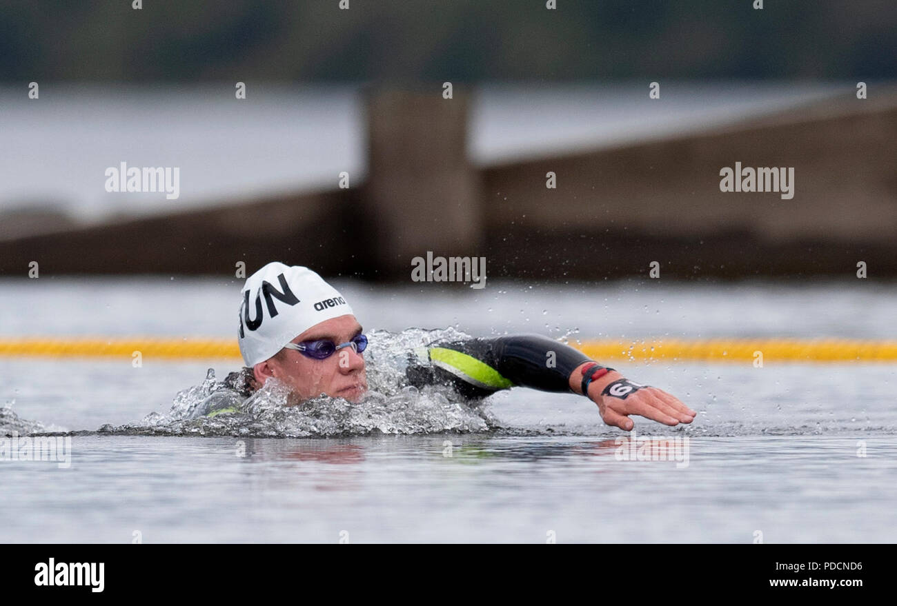 Ungarns Kristof Rasovszky während der Männer 5 km im offenen Wasser am Tag sieben der 2018 Europameisterschaft am Loch Lomond, Stirling. Stockfoto