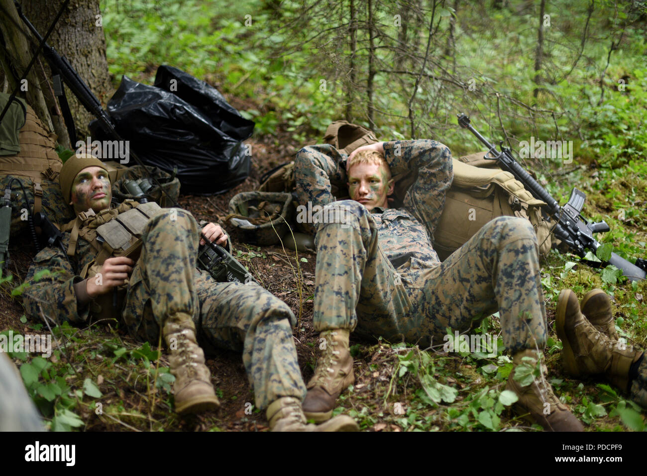 Marines mit 3 Bataillon, 23 Marine Regiment, monitor Radio Communications im 4. Marine Division jährliche Rifle Squad Wettbewerb, an Joint Base Elmendorf-Richardson, Anchorage, Alaska, Aug 4, 2018. Super Squad Wettbewerbe wurden entwickelt, um eine 14-Mann Infanterie Squad in ein weites Feld und Live-fire Evolution zu bewerten. (U.S. Air Force Foto von Jamal Wilson) Stockfoto