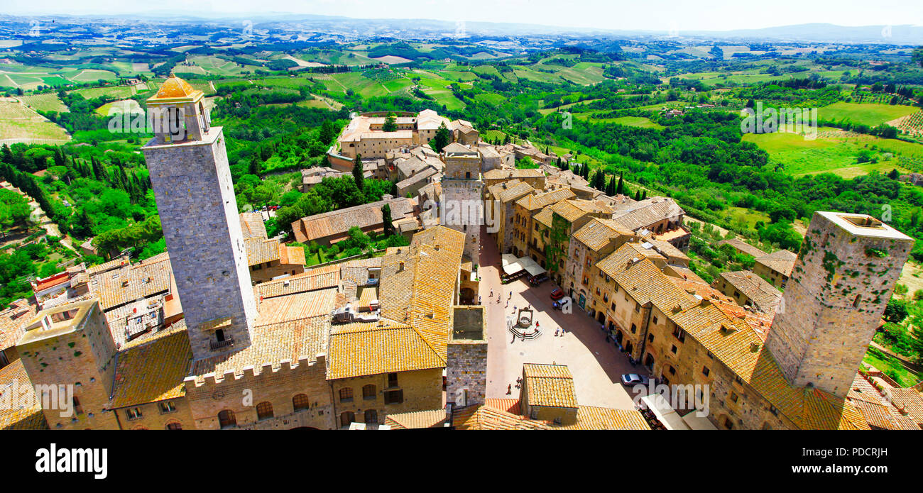 San Gimignano Dorf, Panoramaaussicht, in der Toskana, Italien. Stockfoto