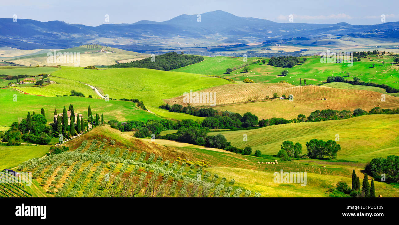 Unglaubliche Natur in Pienza, Panoramaaussicht, in der Toskana, Italien. Stockfoto