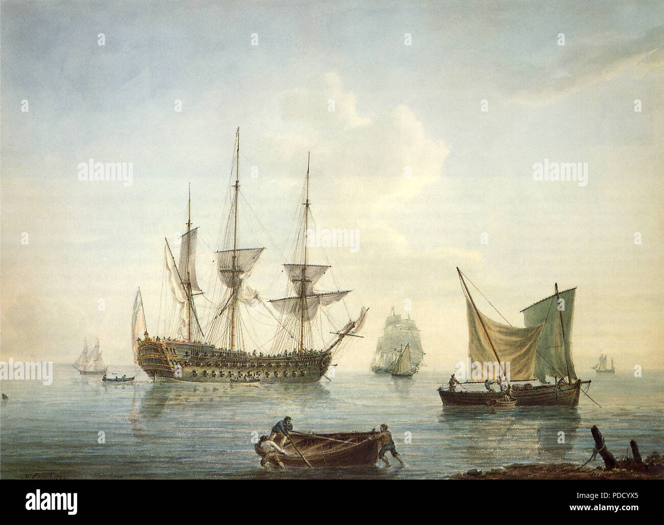 Männer - von - Krieg vor Anker in einer ruhigen, Pocock, Nicholas, 1794. Stockfoto